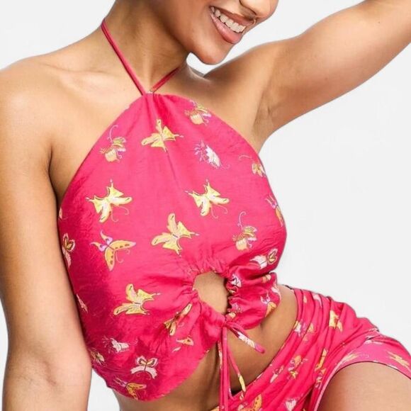 Something New Pink Butterfly Halter keyhole Crop Top Y2K Fairy Coquette XS - Picture 3 of 8